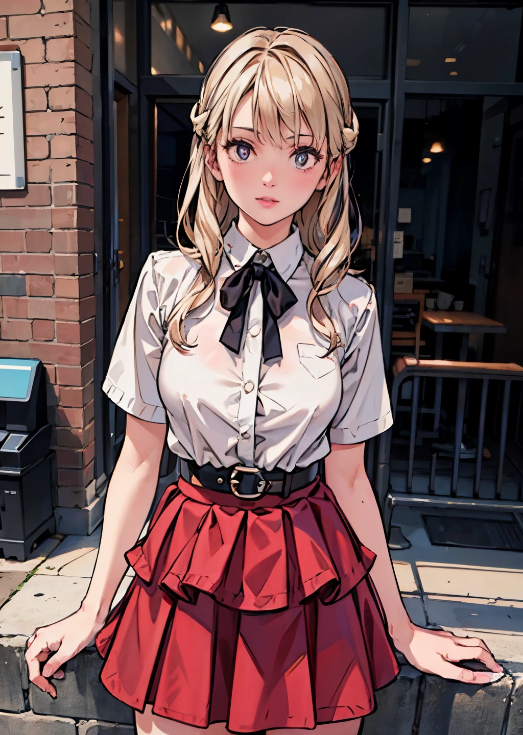 (best quality,4k,8k,highres,masterpiece:1.2),ultra-detailed,(realistic,photorealistic,photo-realistic:1.37),beautiful detailed eyes,beautiful detailed lips,extremely detailed eyes and face,long eyelashes,feminine,long wavy hair,(professional,model-like:1.1) pose,(graceful,elegant:nine),wide skirt,red skirt,red and white,midi skirt,smooth flowing skirt,slim waist,long skirt,white and,dark red,skater skirt,wearing skirt,short skirt length,layered skirt,black red white clothes,red and white dress