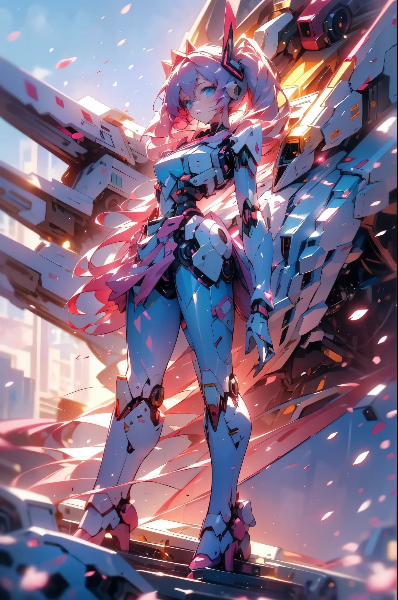 girl,Hatsune Miku,pink hair,Mecha,Gundam,City,sunset,end of the world,Oxygen mask,Cherry blossoms,full-body shot