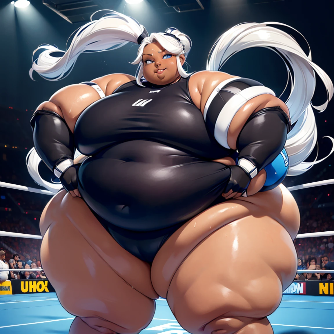 ((Dark skin)), dark skinned female, ((giantess)), ((strongfat)), ssbbw, obese, ((strong arms)), white hair, blue eyes, ((tall)), (gentle smile), (wrestling gear), gigantic, insanely large belly, sweaty, subtle blush, (bare arms), ((biceps)), leotard, fingerless gloves, wrestling ring background, clear face, large eyes, ((butt towards viewer)), ((butt)), ((inflated booty)), back turned towards viewer, ((gigantic butt))