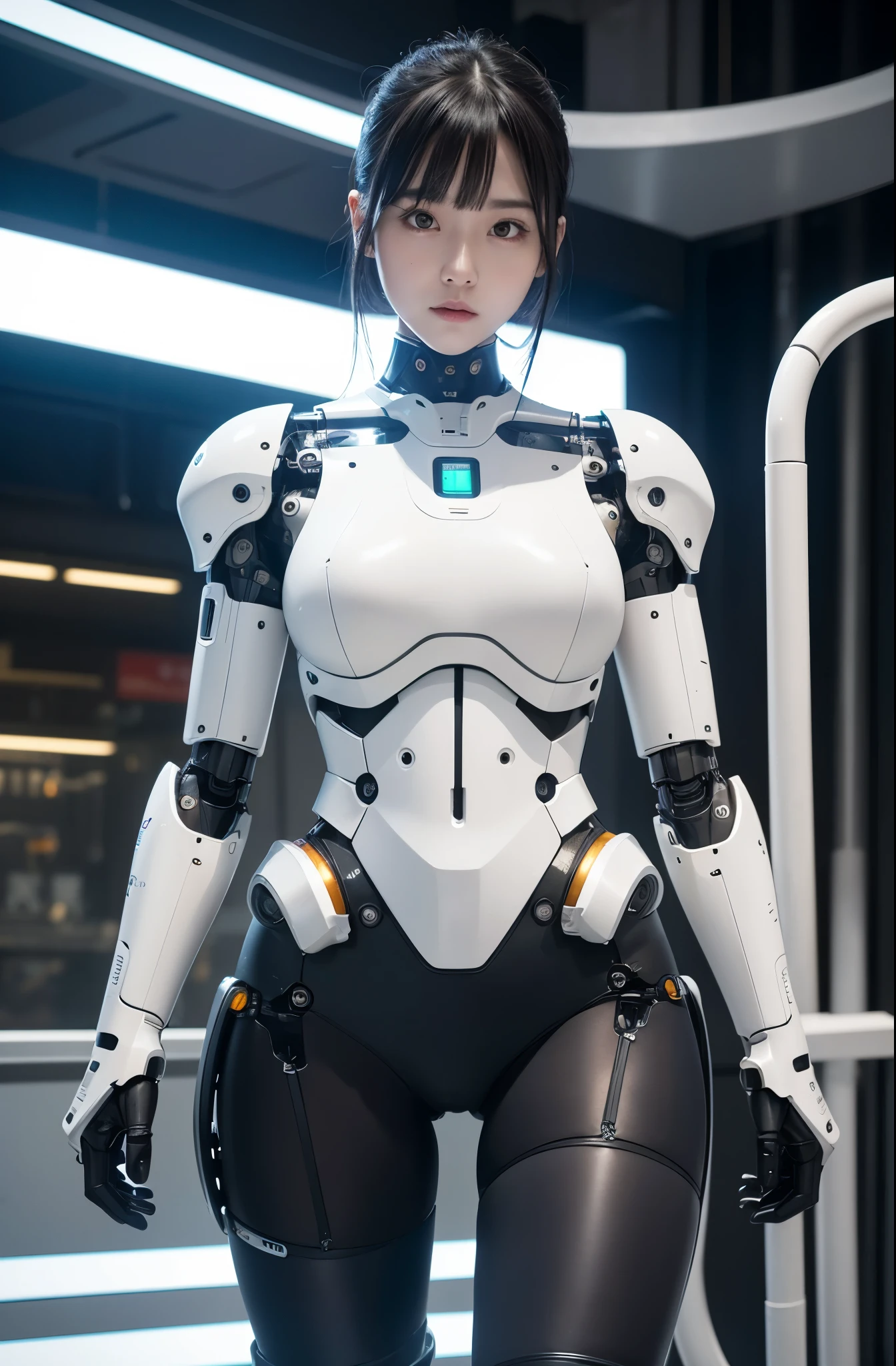 masterpiece, best quality, (photorealistic:1.4), (RAW photo)(8K, 4K, Best Quality, hight resolution, 超A high resolution:1.1), (masutepiece, Realistic, Photorealsitic:1.1), Japaese Cyborg Girls,Plump , announcer,control panels,android,Droid,Mechanical Hand, ,clothes with a sense of mechanical technology, Robot arms and legs, Black Robot Parts,Black hair,Mechanical body,Blunt bangs,White abdomen,White robotics parts,tube dress,perfect robot woman,perfect android woman, perfect mechanical woman,future laboratory,android factory,cyborg factory,robot factory,cyber pank,charging spot,long tube,thick cable connected her neck,bowing,maintainance her,repaired her,full eyes,dark black tights,a bit chubby