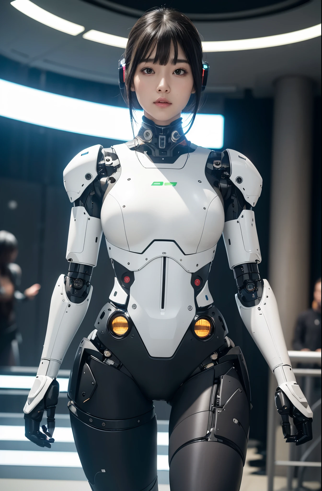 masterpiece, best quality, (photorealistic:1.4), (RAW photo)(8K, 4K, Best Quality, hight resolution, 超A high resolution:1.1), (masutepiece, Realistic, Photorealsitic:1.1), Japaese Cyborg Girls,Plump , announcer,control panels,android,Droid,Mechanical Hand, ,clothes with a sense of mechanical technology, Robot arms and legs, Black Robot Parts,Black hair,Mechanical body,Blunt bangs,White abdomen,White robotics parts,tube dress,perfect robot woman,perfect android woman, perfect mechanical woman,future laboratory,android factory,cyborg factory,robot factory,cyber pank,charging spot,long tube,thick cable connected her neck,bowing,maintainance her,repaired her,full eyes,dark black tights,a bit chubby