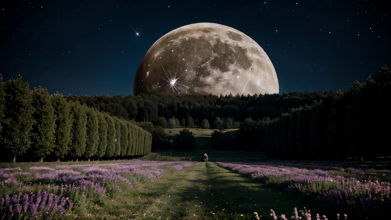 big bright full moon in the middle and have trees for the both side have some bushes which have some blue, grey, purple, yellow flowers. beautiful sky full of stars. 3/4 of the picture is sky.