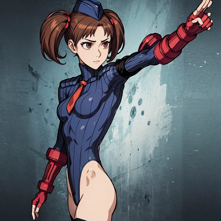 ultra-detailed, Explicit, Beautiful body, Beautiful Nose, Beautiful character design, perfect eyes, perfect face, ultra highres, 4K, beautiful legs, perfect legs, Nice hands, Perfect hand, Masterpiece, Best Quality, Highly detailed, illustration, absurdres, perfect anatomy, street fighter, doll suit, shadaloo doll, dollsuit, expressionless, blank eyes, looking at viewer, red gloves, emotionless, black latex, corrution, mind control, female combatant, full body, hypnotized, unhappy trance, full body suit, ribbed bodysuit, both arms at side, obey, perfect female body, extremely glossy latex, hypnosis, hypnoLora, empty eyes, Mind control device, poses, submissive_pose, Slave, hat, necktie, stand up straight, standing, standing at attention, hat, necktie, belt, latex, ribbed bodysuit, thighhighs, garter belt, Fighting Stance, extending the right arm from the shoulder into the air with a straightened hand, military, thigh boots, 1girl, Solo, fukuzawa yumi, medium hair, brown hair, twin tails, brown eyes