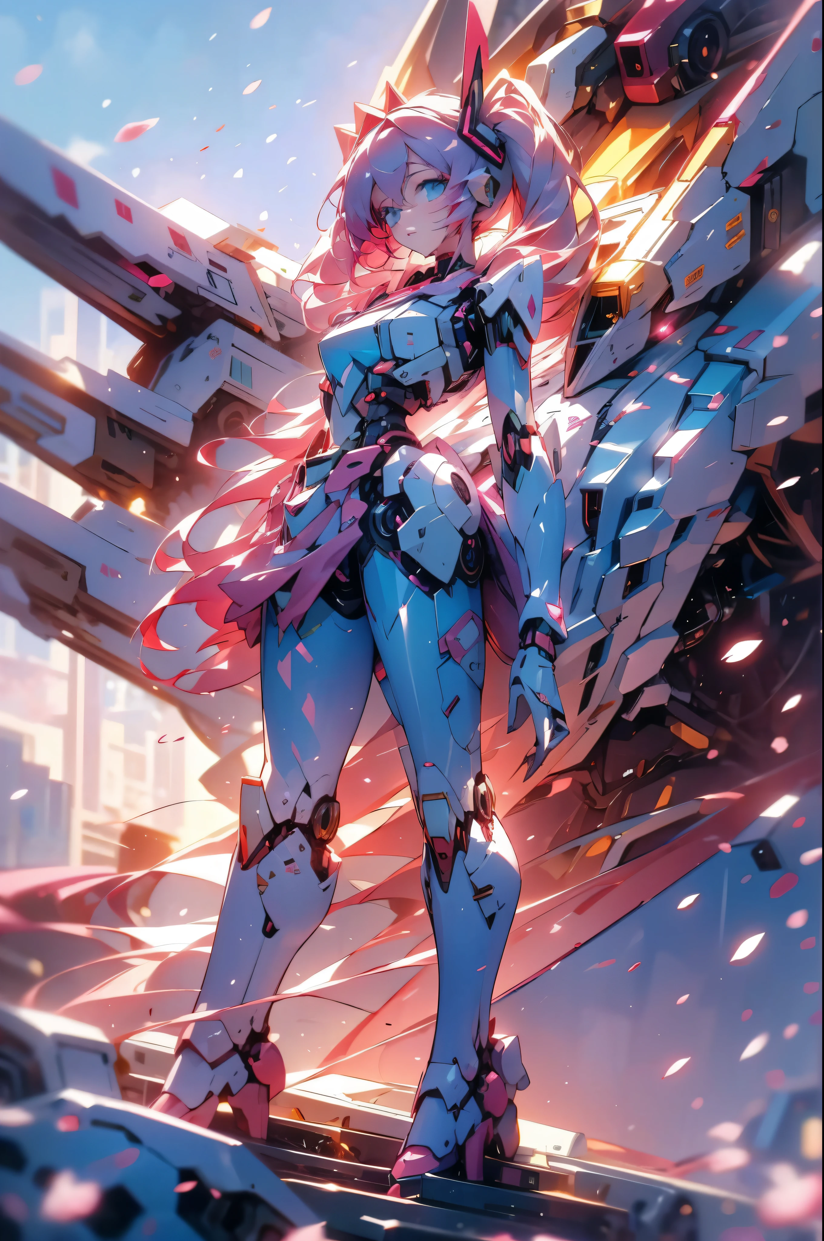 girl,Hatsune Miku,pink hair,Mecha,Gundam,City,Sunset,end of the world,oxygen masks,Cherry blossoms,full-body shot