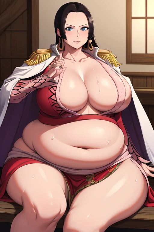masterpiece, best quality, highres, hancock1, boa hancock, large breasts, big plump belly, massive belly, belly overhang, full belly, sweaty, juicy thighs, fat, mild, epaulettes, cape, crop top, side slit, cowboy shot, sitting,