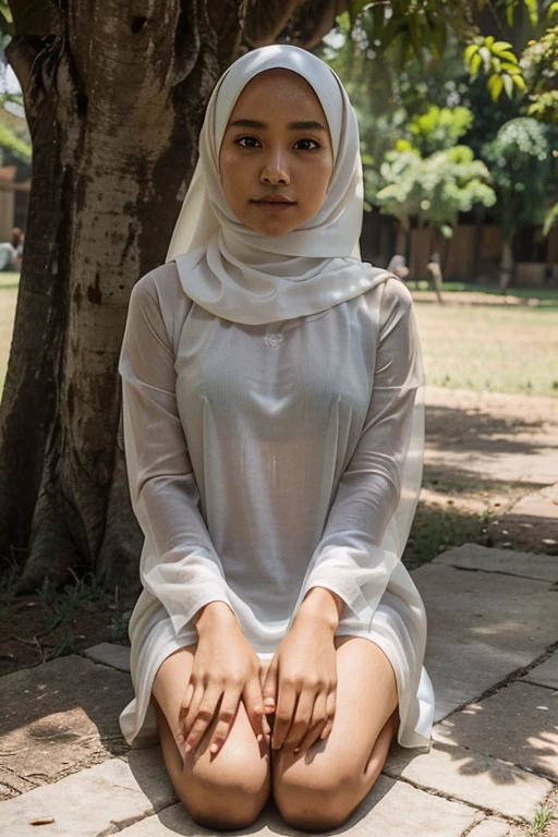 1girl in, wearing simple hijab, see through, no make up, indonesian girl face, wide hip, under the tree, volumetric light direct to her, sitting on the floor, photogenic, insane details