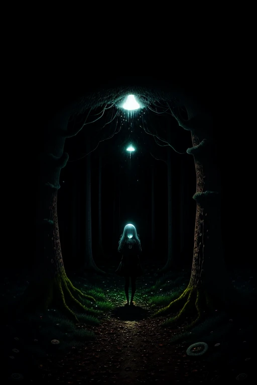 In the dimly lit landscape of Junji Ito's horror world, a solitary girl wanders through a forest of bioluminescent mushrooms. The shadows are intricately detailed, with veins that crisscross the forest floor like a complex network of capillaries. The mushrooms' spiraling shapes cast an eerie glow, their caps shimmering with an otherworldly HDR.
The girl's face is contorted in terror as she gazes upon the gigantic cosmic eyes of a towering fungo. Tears ooze from her eyes, reflecting the distorted light of the mushrooms' luminescence. Her heart races as she watches the fun