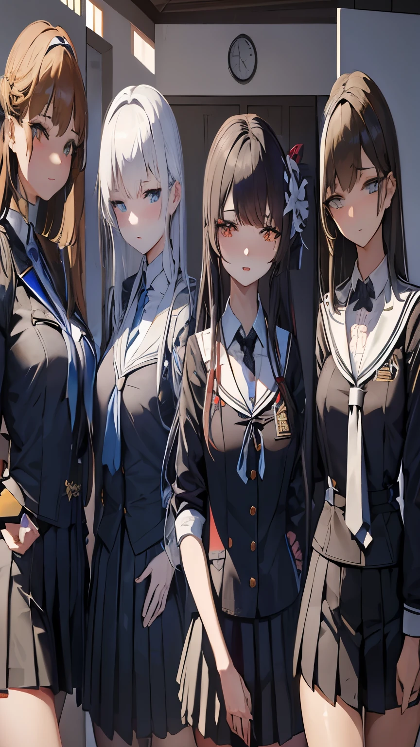 Three girls in school uniforms posing for a photo in front of the building, girls frontline cg, girls frontline style, Exquisite details. girls frontline, fleet collection style, from girls frontline, girls frontline, visual novels CG, Smooth anime CG art, girls frontline universe, 《azur lane》role in, Surrealism , anime girl, 逼真的anime girl渲染