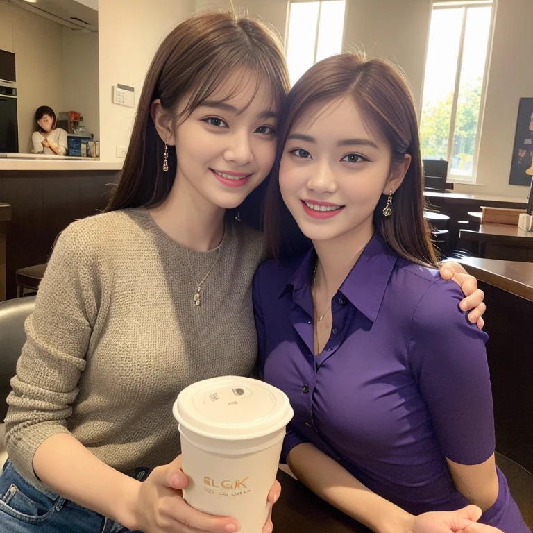 ((Realistic lighting, Best quality, 8K, Masterpiece: 1.3)), Clear focus: 1.2, 2girls, one blonde hair, one brown hair, Perfect beauty: 1.4, Big breasts: 1.2, Slim abs: 1.1, ((dark brown hair)), ( purple shirt white jeans), (indoor), night: 1.1), cafe, Super fine face, fine eyes, Double eyelids, both smiling