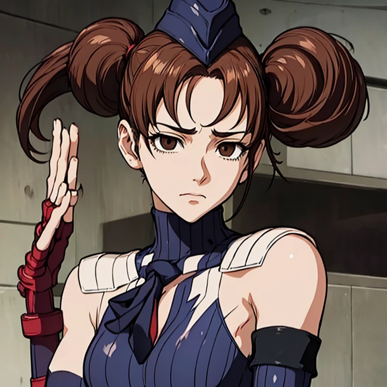 ultra-detailed, Explicit, Beautiful body, Beautiful Nose, Beautiful character design, perfect eyes, perfect face, ultra highres, 4K, beautiful legs, perfect legs, Nice hands, Perfect hand, Masterpiece, Best Quality, Highly detailed, illustration, absurdres, perfect anatomy, street fighter, doll suit, shadaloo doll, dollsuit, expressionless, blank eyes, looking at viewer, red gloves, emotionless, black latex, corrution, mind control, female combatant, full body, hypnotized, unhappy trance, full body suit, ribbed bodysuit, both arms at side, obey, perfect female body, extremely glossy latex, hypnosis, hypnoLora, empty eyes, Mind control device, poses, submissive_pose, Slave, hat, necktie, stand up straight, standing, standing at attention, hat, necktie, belt, latex, ribbed bodysuit, thighhighs, garter belt, Fighting Stance, extending the right arm from the shoulder into the air with a straightened hand, military, thigh boots, 1girl, Solo, fukuzawa yumi, medium hair, brown hair, twin tails, brown eyes