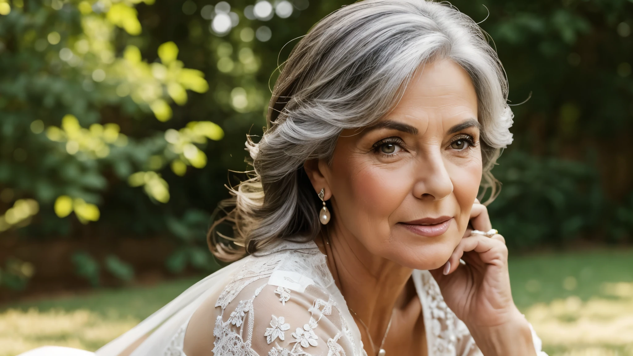 masterpiece, high-level image quality, depth of fields, beautiful mature women, 80 years old, with beautiful gray hairs, up of face, a beautiful Italian girl, dress with neckline, close pic view, Fancy makeup, (gigantic, big breasts ;1.7), beautiful face, perfect body