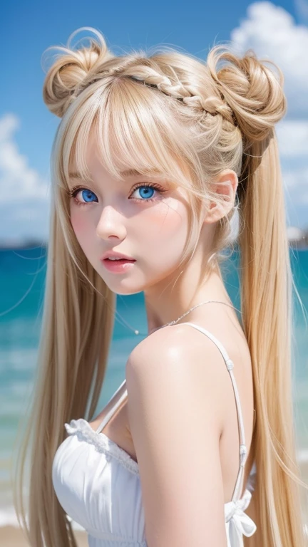 Twintails are sexy, so her face.., very cute and beautiful、Very shiny and beautiful skin、beautiful messy bangs、Very beautiful and cute sexy bright sky blue eyes、very big eyes beautiful very long shiny silky blonde hair、18 years old , very beautiful and cute girl、gross face、cheek gloss highlight、white beautiful skin、