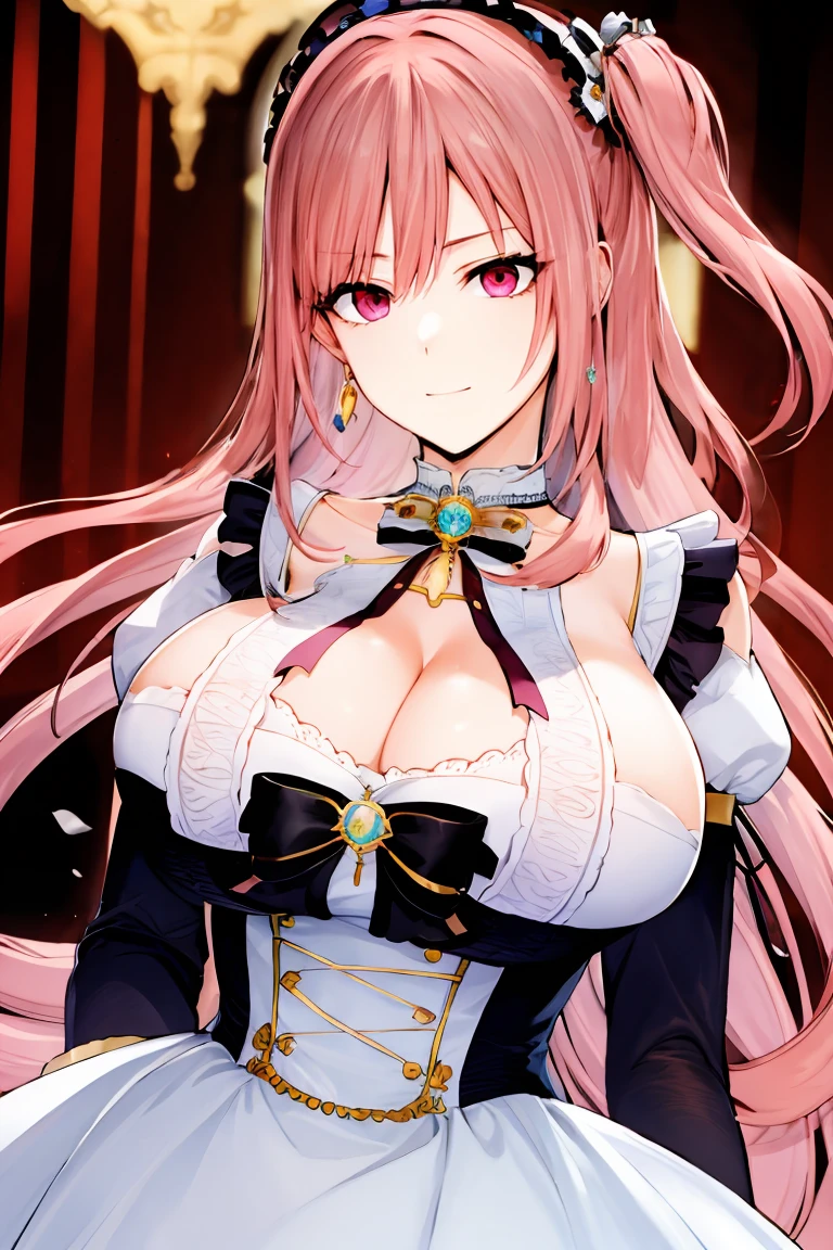 shoujo-style, jk style, (floral background), romance manhwa, (honoka), 1girl, solo, one side up, flower, dress, tiara, white dress, gloves, long sleeves, choker, mascara, makeup, white gloves, black bow, black flower, bow, jewelry, looking at viewer, collarbone, cleavage, huge breast, gigantic breast, puffy sleeves, silver accessories, upper body, bangs, pink dress, frills, closed mouth, detailed eyes