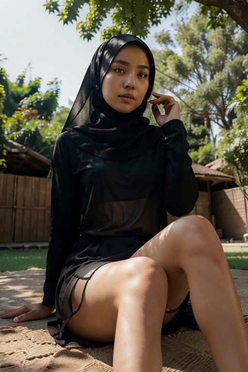 A 52 years old naked Indonesian woman in hijab, very dense pubic hair, darker skin, curvier body, short body, flat-chested, small breasts, villager, poor woman, wearing floral pattern hijab, wearing black long sleeve tight t-shirt, bottomless, wearing no pant, wearing no skirt, wearing no panties, smiling and standing by the lake in the dark forest, look to the viewer with eye close