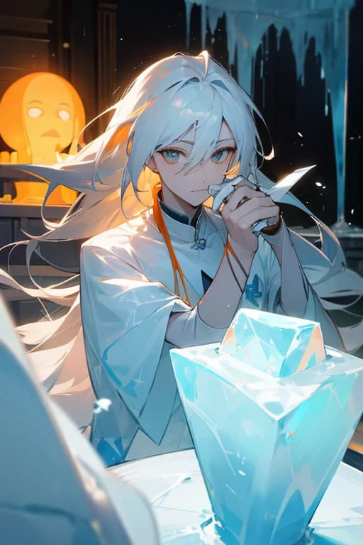 finest、highest quality、male(slim、Three white eyes)、prisoner、long hair(orange)、ice resistant、Ice sculpture