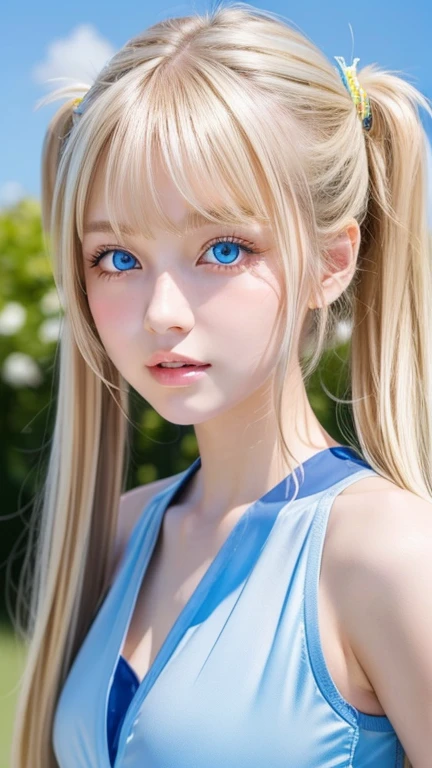 Twintails are sexy, so her face.., very cute and beautiful、Very shiny and beautiful skin、beautiful messy bangs、Very beautiful and cute sexy bright sky blue eyes、very big eyes beautiful very long shiny silky blonde hair、18 years old , very beautiful and cute girl、gross face、cheek gloss highlight、white beautiful skin、