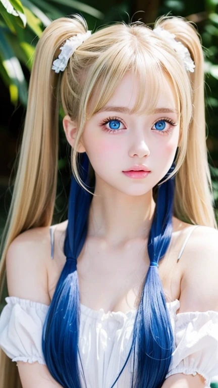 Twintails are sexy, so her face.., very cute and beautiful、Very shiny and beautiful skin、beautiful messy bangs、Very beautiful and cute sexy bright sky blue eyes、very big eyes beautiful very long shiny silky blonde hair、18 years old , very beautiful and cute girl、gross face、cheek gloss highlight、white beautiful skin、