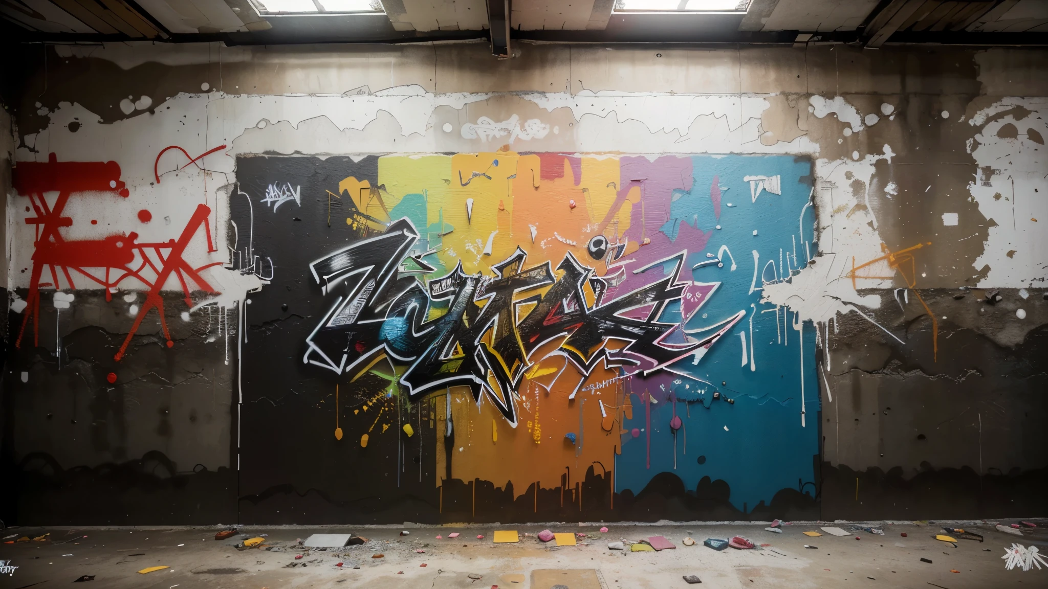 (best quality,4k,8k,highres,masterpiece:1.2),ultra-detailed,(realistic,photorealistic,photo-realistic:1.37),graffiti,torn wall,underground,urban art,street art,vivid colors,urban decay,abstract,unexpected perspectives,gritty,expressive strokes,intense contrast,graffiti artist at work,enigmatic figures,explosive energy,dynamic composition,modern graffiti style,raw emotions,impressive scale,colorful tags,sprayed paint,graffiti-covered surfaces,striking visuals,bold lines,tagged messages,graffiti murals,unconventional materials,transgressive art,mysterious atmosphere,crumbling textures,urban landscape,subversive creativity,enigmatic symbols,gritty backdrop,emerging talent,hidden gems