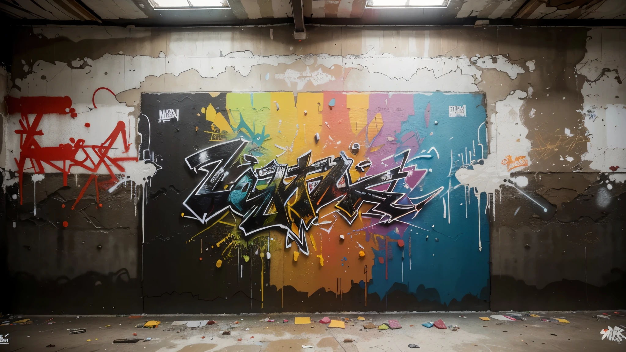 (best quality,4k,8k,highres,masterpiece:1.2),ultra-detailed,(realistic,photorealistic,photo-realistic:1.37),graffiti,torn wall,underground,urban art,street art,vivid colors,urban decay,abstract,unexpected perspectives,gritty,expressive strokes,intense contrast,graffiti artist at work,enigmatic figures,explosive energy,dynamic composition,modern graffiti style,raw emotions,impressive scale,colorful tags,sprayed paint,graffiti-covered surfaces,striking visuals,bold lines,tagged messages,graffiti murals,unconventional materials,transgressive art,mysterious atmosphere,crumbling textures,urban landscape,subversive creativity,enigmatic symbols,gritty backdrop,emerging talent,hidden gems