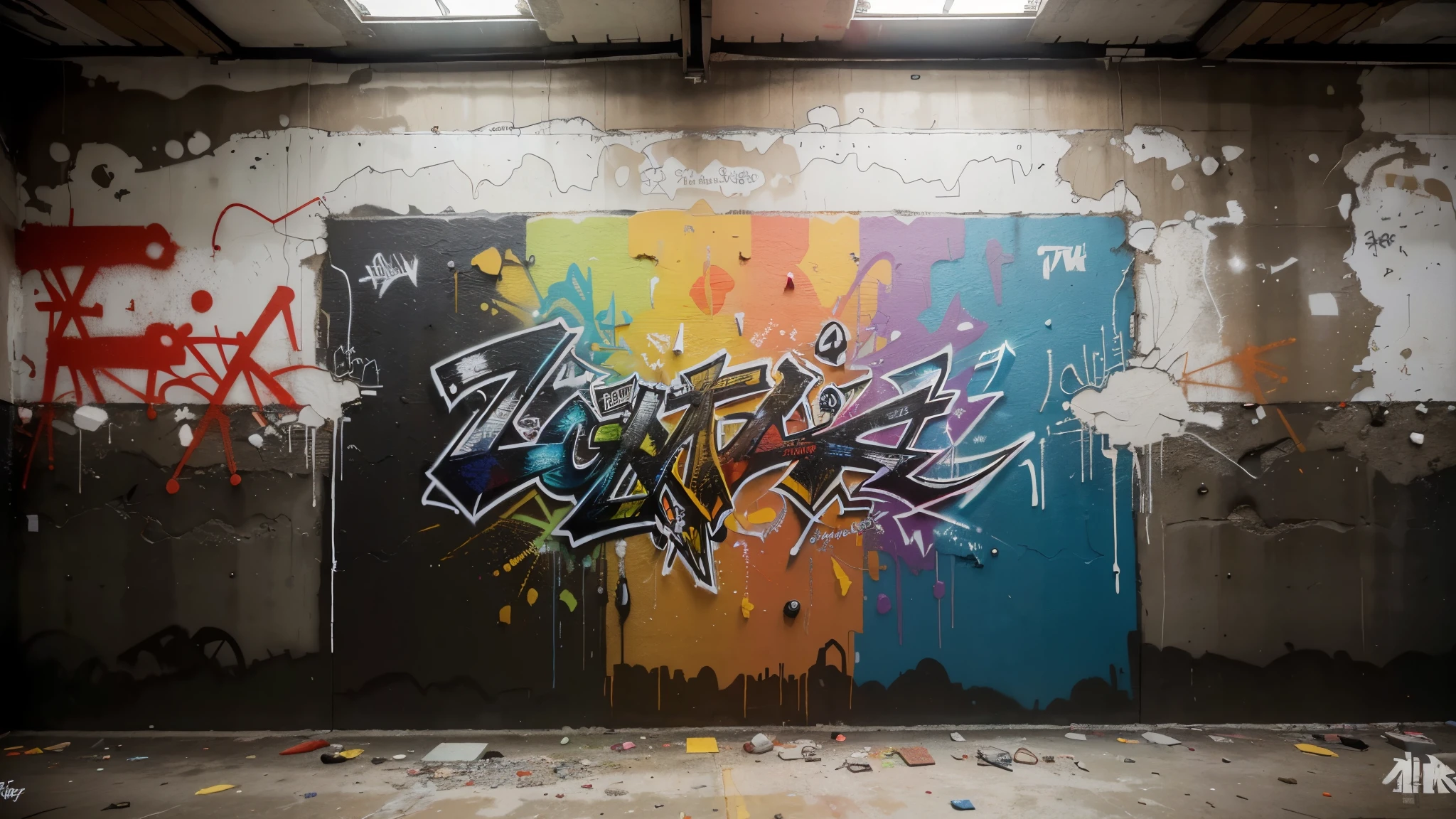(best quality,4k,8k,highres,masterpiece:1.2),ultra-detailed,(realistic,photorealistic,photo-realistic:1.37),graffiti,torn wall,underground,urban art,street art,vivid colors,urban decay,abstract,unexpected perspectives,gritty,expressive strokes,intense contrast,graffiti artist at work,enigmatic figures,explosive energy,dynamic composition,modern graffiti style,raw emotions,impressive scale,colorful tags,sprayed paint,graffiti-covered surfaces,striking visuals,bold lines,tagged messages,graffiti murals,unconventional materials,transgressive art,mysterious atmosphere,crumbling textures,urban landscape,subversive creativity,enigmatic symbols,gritty backdrop,emerging talent,hidden gems
