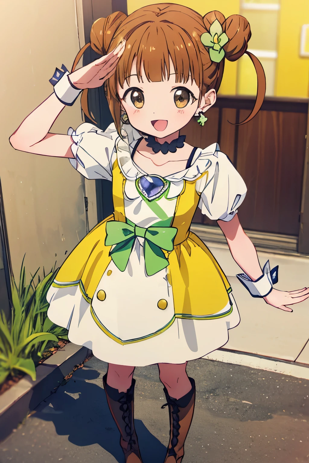 masterpiece, best quality, highres, ultra-detailed, AyumiTogeguchiR4, brown eyes, orange hair, long hair, twintails, double bun, hair ornament, hair flower, earrings, green choker, small breast, magical girl, heart brooch, dress, (yellow dress:1.2), yellow shorts, puffy short sleeves, white dress, wrist cuffs, waist bow, skirt, boots, knee boots, outdoors, standing, :d, salute,