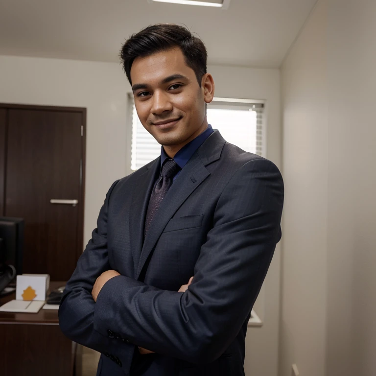 Man, Office, profile pic, suit, look at the camera, smile, neat haircut, Malaysia, facing the camera, Arms crossed in front of the chest, detailed finger