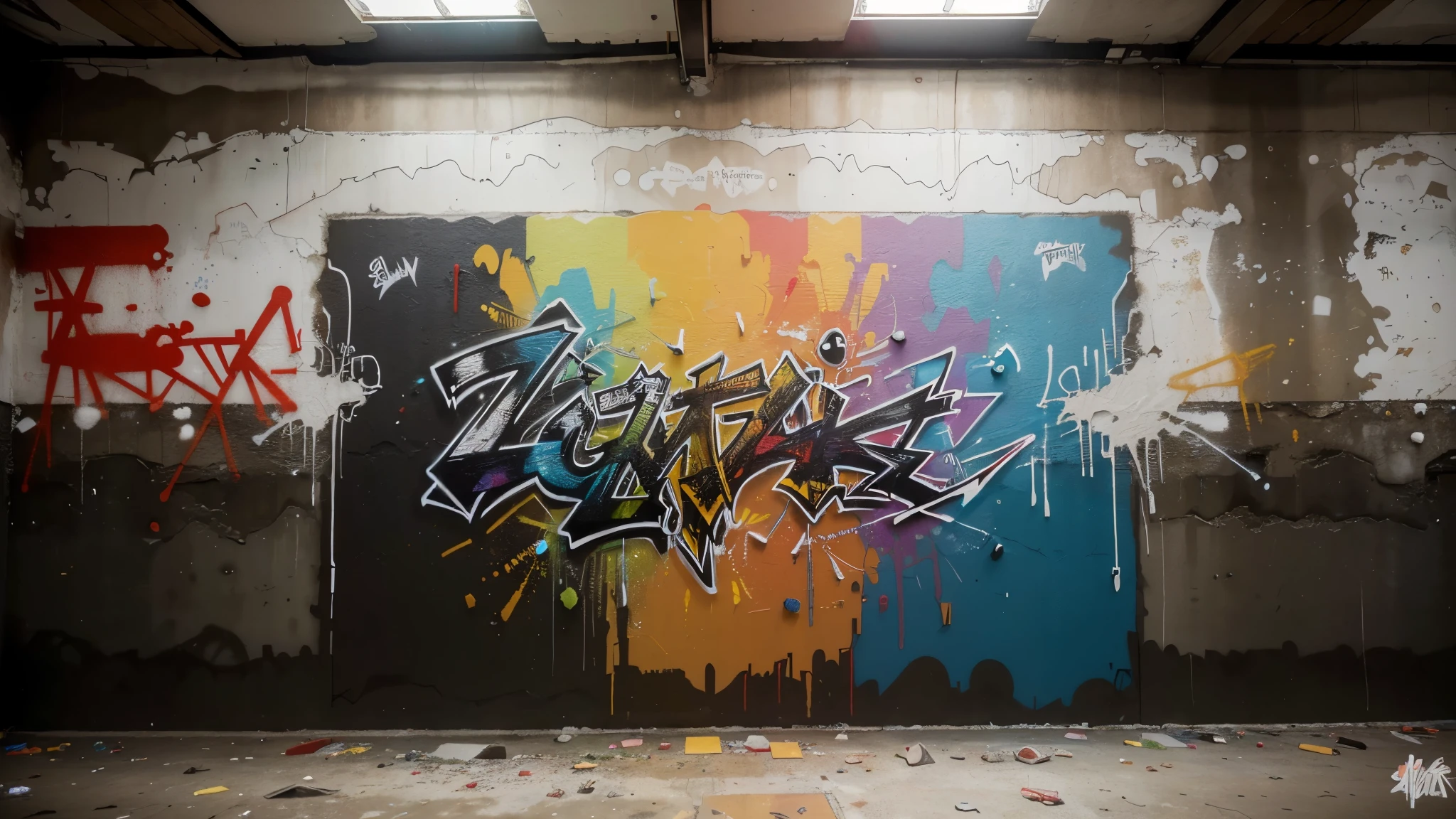 (best quality,4k,8k,highres,masterpiece:1.2),ultra-detailed,(realistic,photorealistic,photo-realistic:1.37),graffiti,torn wall,underground,urban art,street art,vivid colors,urban decay,abstract,unexpected perspectives,gritty,expressive strokes,intense contrast,graffiti artist at work,enigmatic figures,explosive energy,dynamic composition,modern graffiti style,raw emotions,impressive scale,colorful tags,sprayed paint,graffiti-covered surfaces,striking visuals,bold lines,tagged messages,graffiti murals,unconventional materials,transgressive art,mysterious atmosphere,crumbling textures,urban landscape,subversive creativity,enigmatic symbols,gritty backdrop,emerging talent,hidden gems
