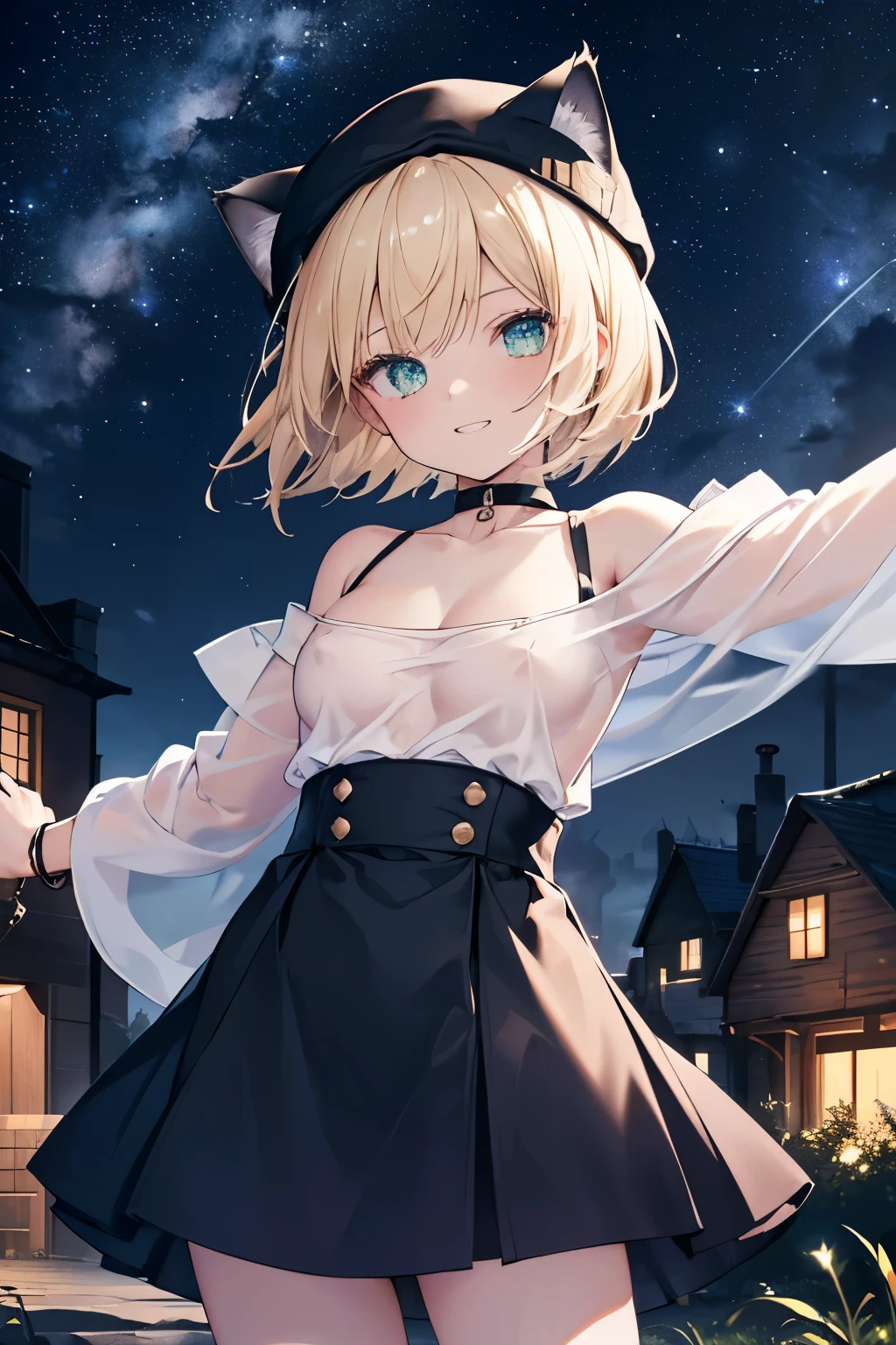 ( girl ): solo, (perfect face), (detailed outfit), ( ************ ), beautiful girl , (( black beanie hat cat ears)), excited, (grinning), (outstretched arms), blond hair, short hair, (bob cut), green eyes, pale skin, ((tiny breasts)), (small cleavage), (black clothes, clothes writing), (dark blue skirt), (off shoulder :1.3),  (show off nipples:1.3), (bracelet), (choker), , (background): from front, outdoor, village, (starry sky), (houses), (fields), (night), (cleareffects): (masterpiece), (best quality), (sharp focus), (depth of field), (high res), more details:1, more details , more details:0.5, more details:1, more details:1.5, outerworldai