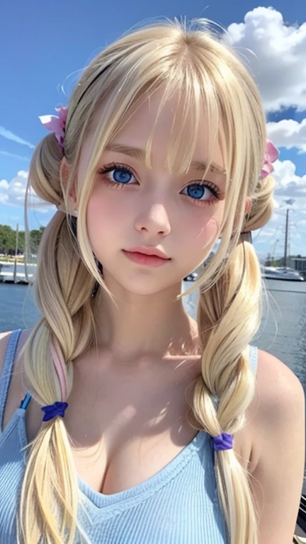 Twintails are sexy, so her face.., very cute and beautiful、Very shiny and beautiful skin、beautiful messy bangs、Very beautiful and cute sexy bright sky blue eyes、very big eyes beautiful very long shiny silky blonde hair、18 years old , very beautiful and cute girl、gross face、cheek gloss highlight、white beautiful skin、