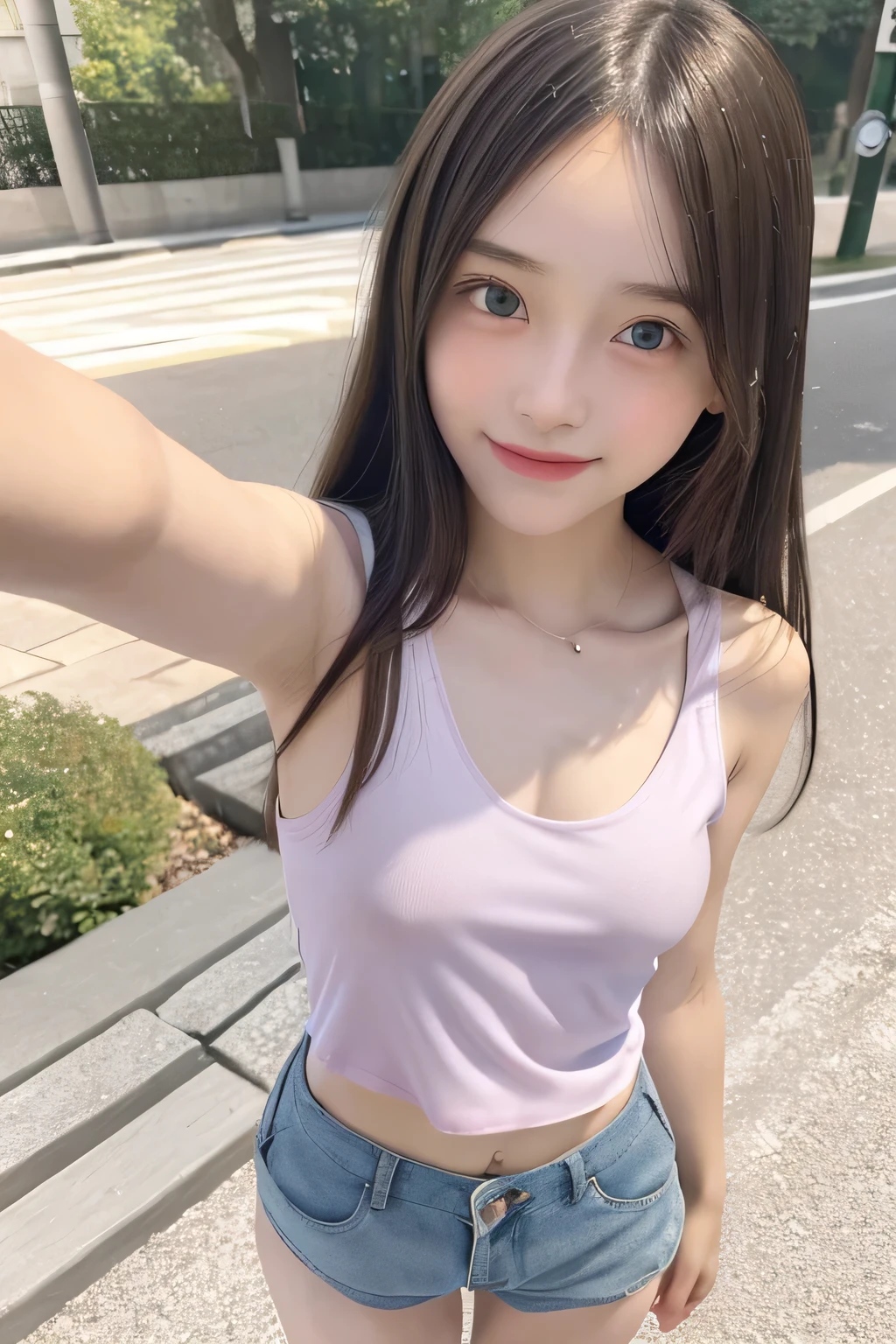 pieces fly、masterpiece、highest quality、Super detailed、High resolution、High resolution、8K portrait、Unity 8k壁紙のHigh resolutionCG、unity 8k wallpaper、cute:1.5、:1.5、Highly detailed CG unity 8k wallpaper、realistic、real person、cute、 portrait photography、shiny skin、High resolution、(:1.2)、(cute:1.2)、(1 girl)、beautiful clear eyes、very detailed explanation、delicate face、nice lips、slender body、thin waist、thin legs、(urban area:1.4)、((flat chest:1.5))、(Fitted Tank Top:1.5)、(shorts:1.5)((big nipples:1.3))、((Self snap:1.5))、(smile:1.3)
