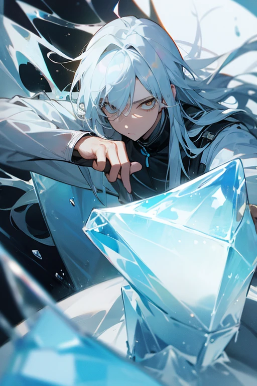 finest、highest quality、male(slim、Three white eyes)、prisoner、long hair(orange)、ice resistant、Ice sculpture