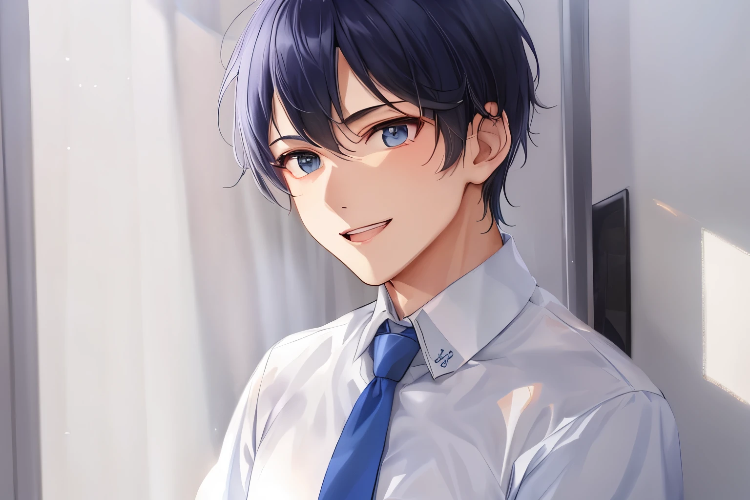 Wearing a white Y-shirt、Wearing a dark blue tie