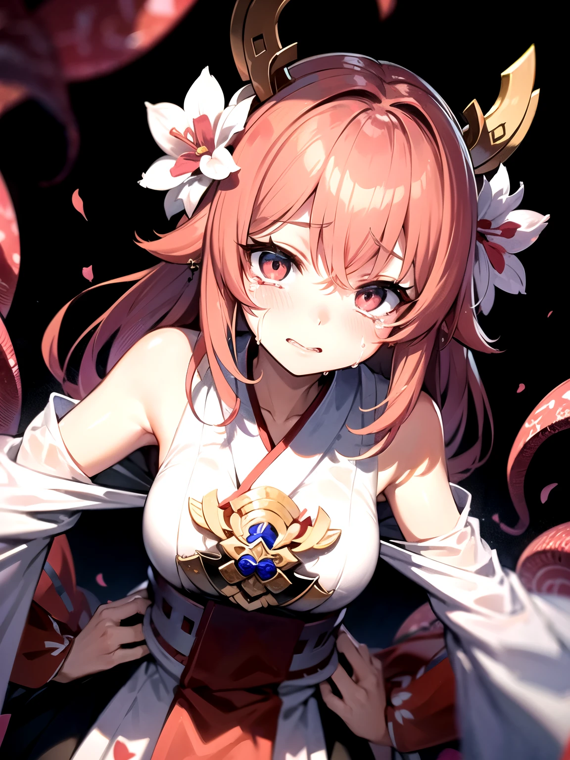 Miko girl, Flower hair ornaments, tentacles pit, tentacles, crying with open mouse,