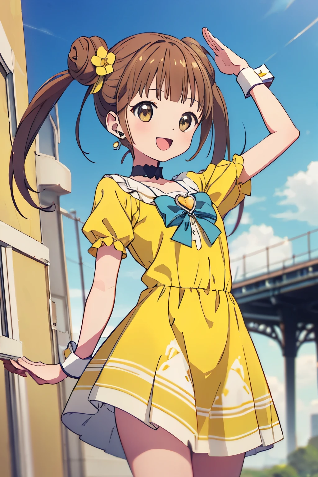 asterpiece, best quality, highres, ultra-detailed, AyumiTogeguchiR4, brown eyes, orange hair, long hair, twintails, double bun, hair ornament, hair flower, earrings, green choker, small breast, magical girl, heart brooch, dress, (yellow dress:1.2), yellow shorts, puffy short sleeves, white dress, wrist cuffs, waist bow, skirt, boots, knee boots, outdoors, standing, :d, salute,