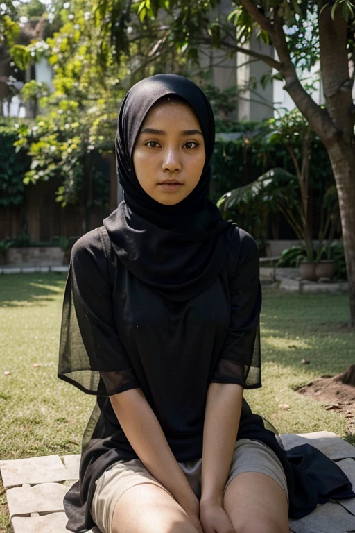 1girl in, wearing simple hijab, see through, no make up, indonesian girl face, wide hip, under the tree, volumetric light direct to her, sitting, blown by the wind, photogenic, candid photo, insane details, profesional lighting