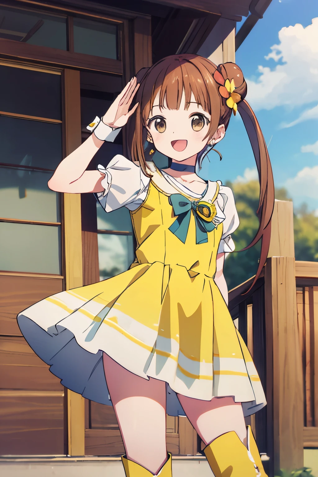 asterpiece, best quality, highres, ultra-detailed, AyumiTogeguchiR4, brown eyes, orange hair, long hair, twintails, double bun, hair ornament, hair flower, earrings, green choker, small breast, magical girl, heart brooch, dress, (yellow dress:1.2), yellow shorts, puffy short sleeves, white dress, wrist cuffs, waist bow, skirt, boots, knee boots, outdoors, standing, :d, salute,