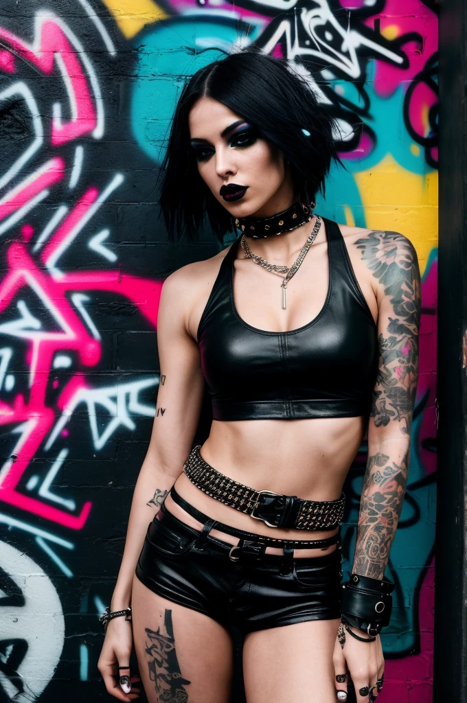 (best quality,realistic,photography:1.2),slim sexy punk woman,techno aesthetic,techno fashion,festival outfit,tight Crop Top,tight hotpants,blonde hair,black make up,close-up,full body shot,graffiti backdrop,rave culture,edgy pose,dramatic lighting,neon colors,dynamic composition,dark atmosphere,urban setting,energetic,vibrant contrast,mysterious ambiance,nighttime,street style,alternative fashion,confident expression,mysterious eyes,unique personality,Berlin underground scene,forbidden allure,urban rebellion,high fashion,striking visual impact,stylish accessories,distinctive tattoo designs,confident attitude,subculture icon,electric energy,provocative,raw emotion,unconventional beauty,fierce presence