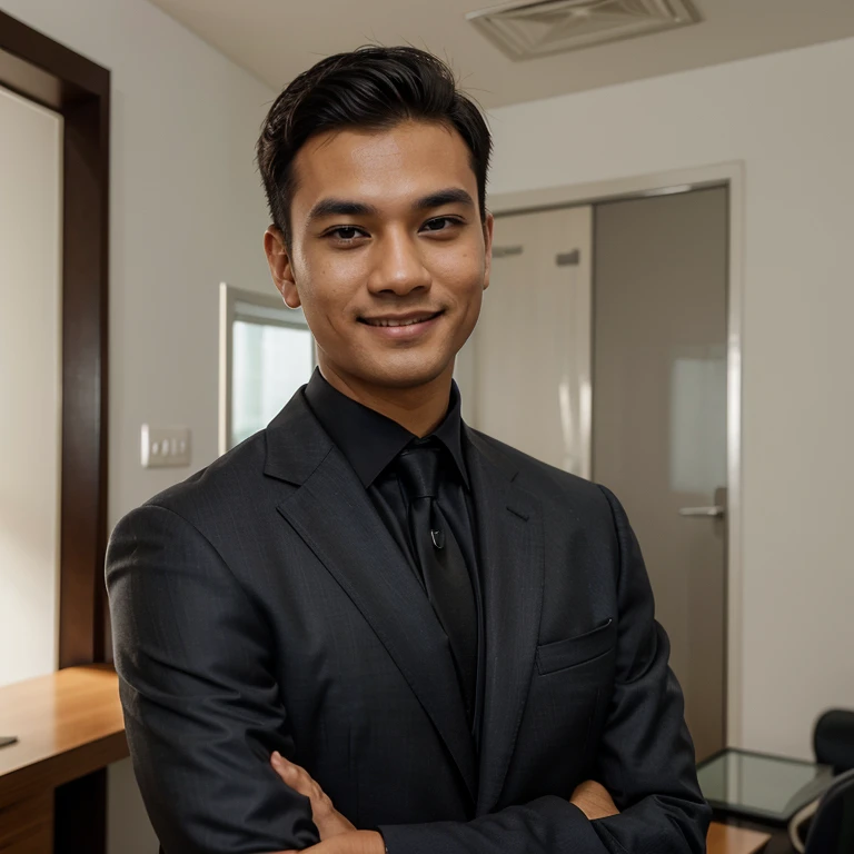 Man, Office, profile pic, formal suit, look at the camera, smile, neat haircut, Malaysia, facing the camera, Arms crossed in front of the chest, detailed finger