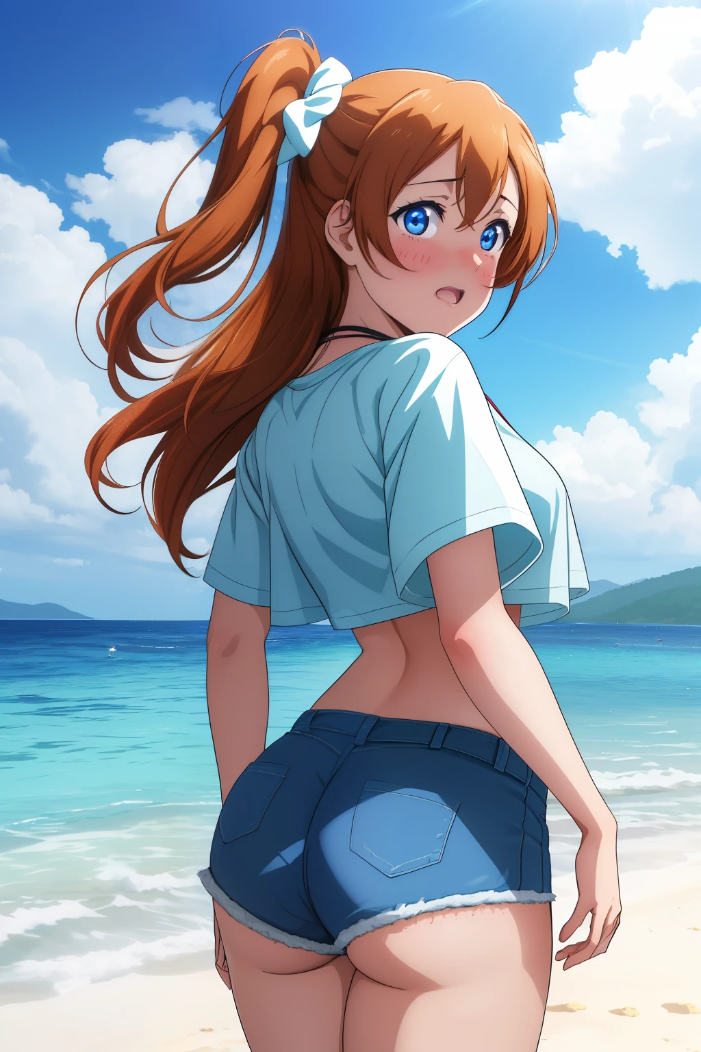 masterpiece, best quality,8k wallpaper, kousaka honoka, blue eyes,(large breasts:1.0),crop top , shorts, (exposed ass cheeks:1.2),glowing eyes, cowboy shot, standing, from behind, embarrassed, blushing, beach,solo, from behind