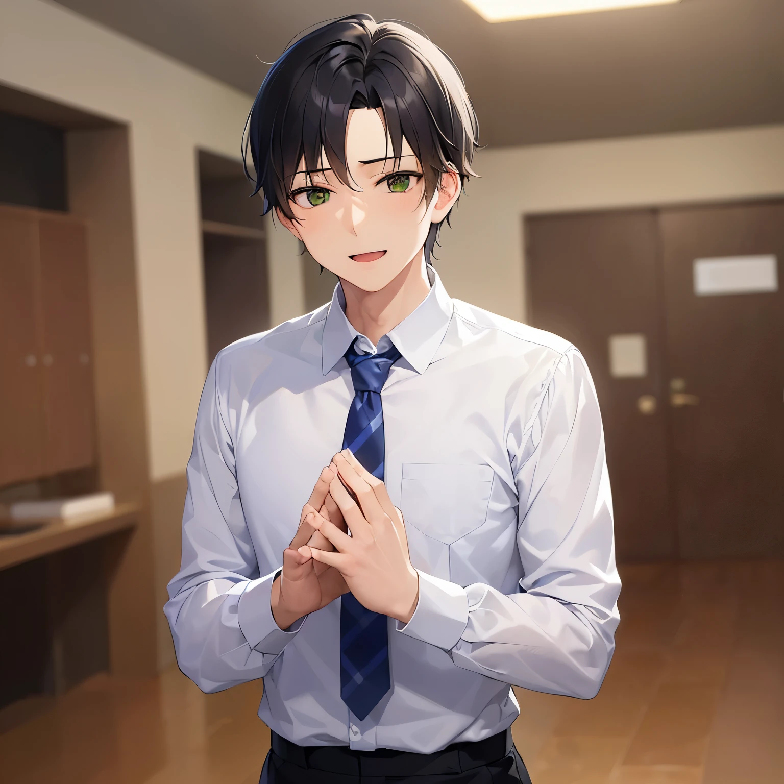 (praying hands:1.5), masterpiece、high quality、(25-year-old man with short black hair and green eyes:1.5)、Wearing a white Y-shirt、Wearing a dark blue tie、(Alone:1.5)、(A smiling expression of embarrassment:1.1)、open mouth, Are standing、The background is an office、