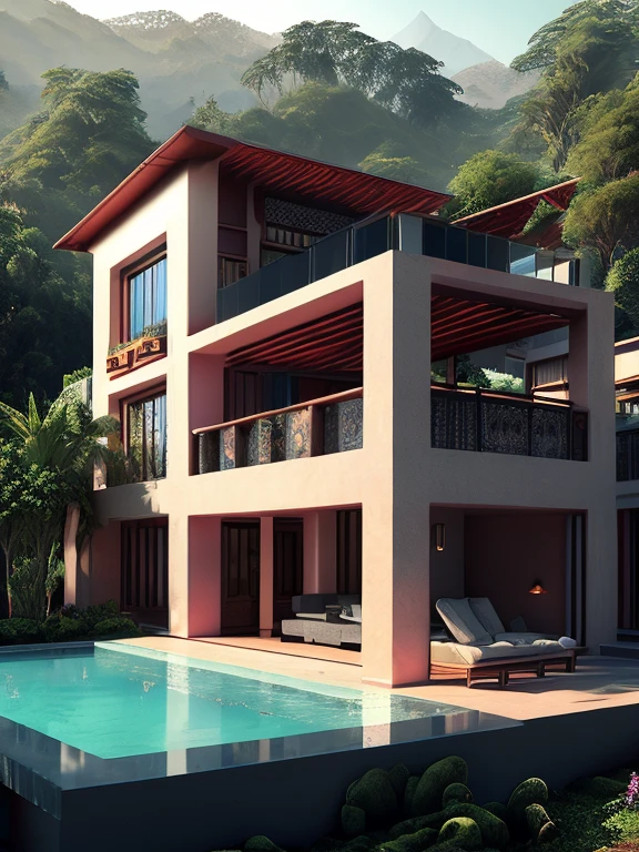 A giant, Realistic Villa Nepal architecture, Blend seamlessly with nature, surrealism, Ultra-detailed, Photorealistic:1.37, 3D rendering of, Cinematic lighting, Divine light, Ultra-high definition, Masterpiece:1.2, Textured skin, Best quality, high resolution, clear bright colourful