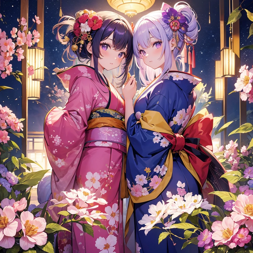 Masterpiece, top quality, high resolution. Twin girls, both dressed in kimono, pose in front of a Japanese patterned background with colorful flowers in full bloom. Their pale purple hair is adorned with hair ornaments. Her closed mouth adds a mysterious charm. The constellation of Gemini shines in the sky, and Japanese motifs can be seen everywhere, with the intricate twelve constellations embedded in the kimono adding a fantastical beauty.