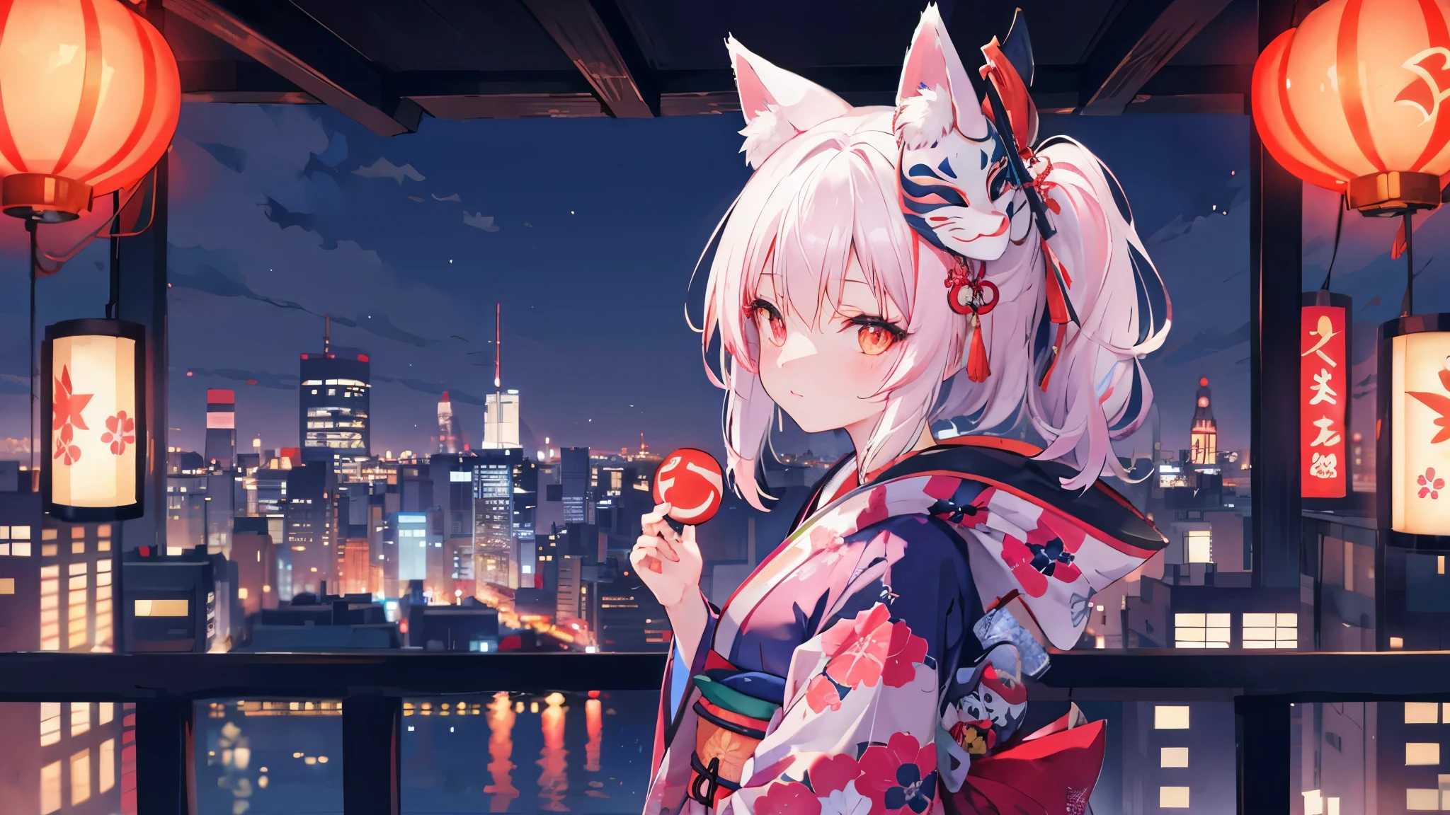 Night city kimono a girl fox mask neon distant view