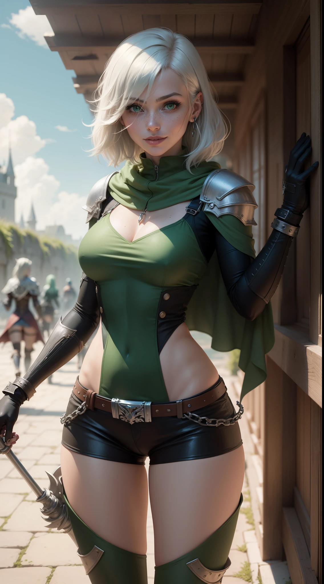 gwen tennyson,yorha 2b,tracer,mordred, rebecca chambers,overwatch,atelier ryza,close up,castle under siege,tattoos, jade and silver plugsuit,steel short sleeve knight top,short sleeve knight jacket,tight lycra mini skirt,silver knight corset,ponytail hair,queen makeup,green eyes,multicolored silver hair,sexy smile,freckles,beautiful girl,fur thigh high boots,large breasts,8k,ultra detailed,realistic,fantasy art,knight uniform,knight queen uniform,hair pin,ear piercings,battlefield,jade hand and neck jewelry,(weather:smoke rising), 1girl,long knight coat,holding a spear,