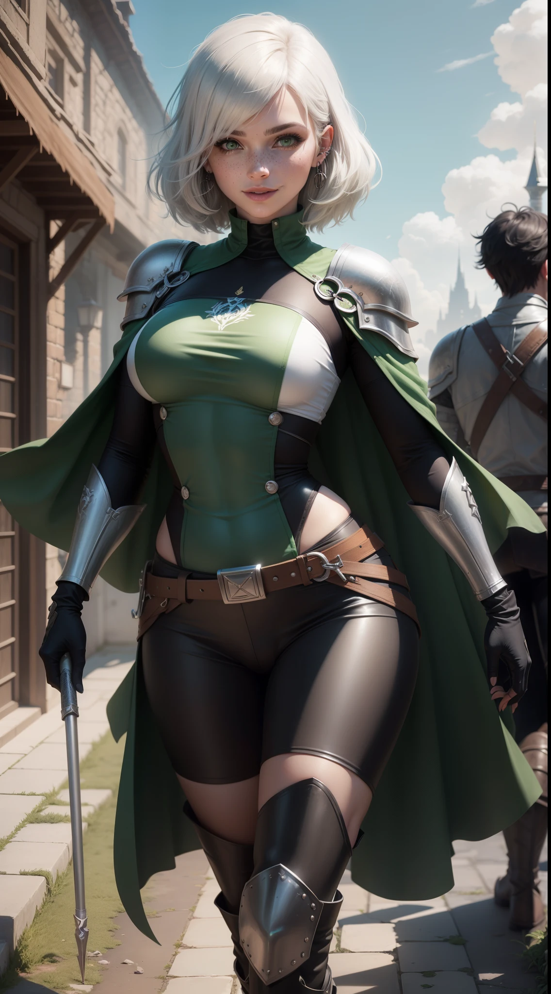 gwen tennyson,yorha 2b,tracer,y'shtola rhul,lord of the rings,warcraft,close up,rohan,minas tirith,tattoos,steel and dark green plugsuit,steel rohan raider armor top,dark green rohan raider cape,full chainmail armor,chainmail pants,short hair,punk makeup,green eyes,multicolored silver hair,steel gloves,sexy smile,freckles,beautiful girl,knee high steel boots,large breasts,8k,ultra detailed,realistic,fantasy art,rohan uniform,hair pin,ear piercings,(weather:windy),1girl,wooden spear,horse stable,green rohan flag,