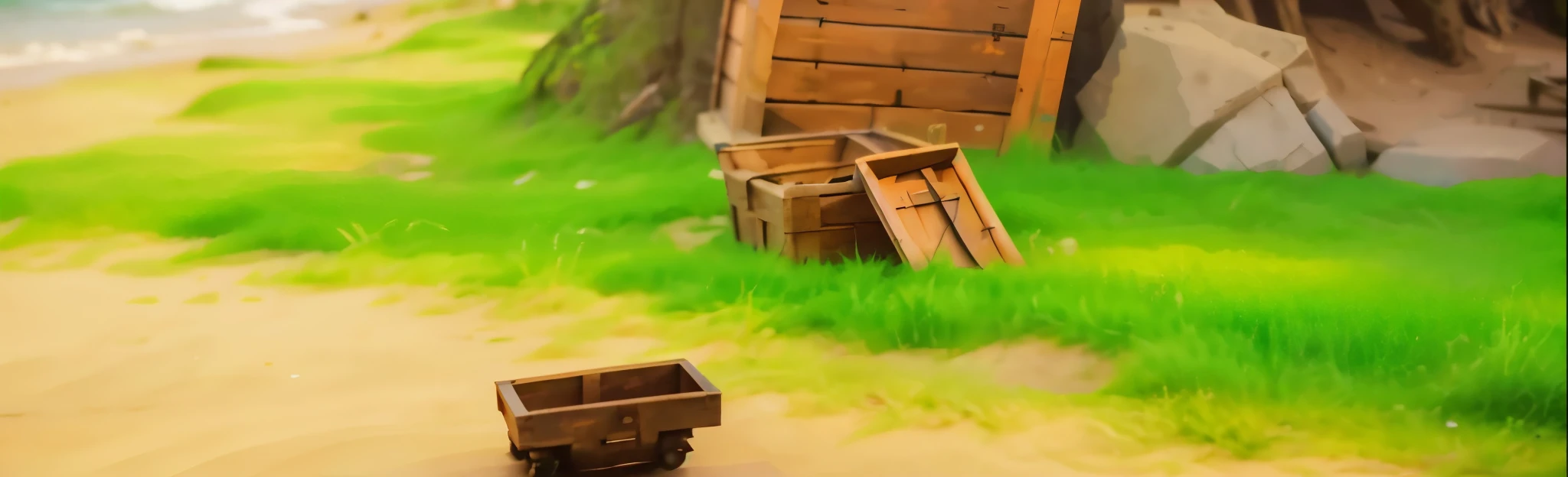 Wooden stairs,wooden crates,Green meadow,sandy land,rock,high quality, 4K, super actual, actual, Super details
