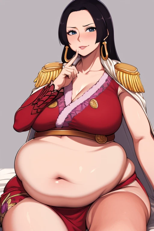 masterpiece, best quality, highres, hancock1, boa hancock, large breasts, big plump belly, ((massive belly)), ((full belly)), sweaty, juicy thighs, fat, mild, epaulettes, cape, crop top, side slit, cowboy shot, sitting,