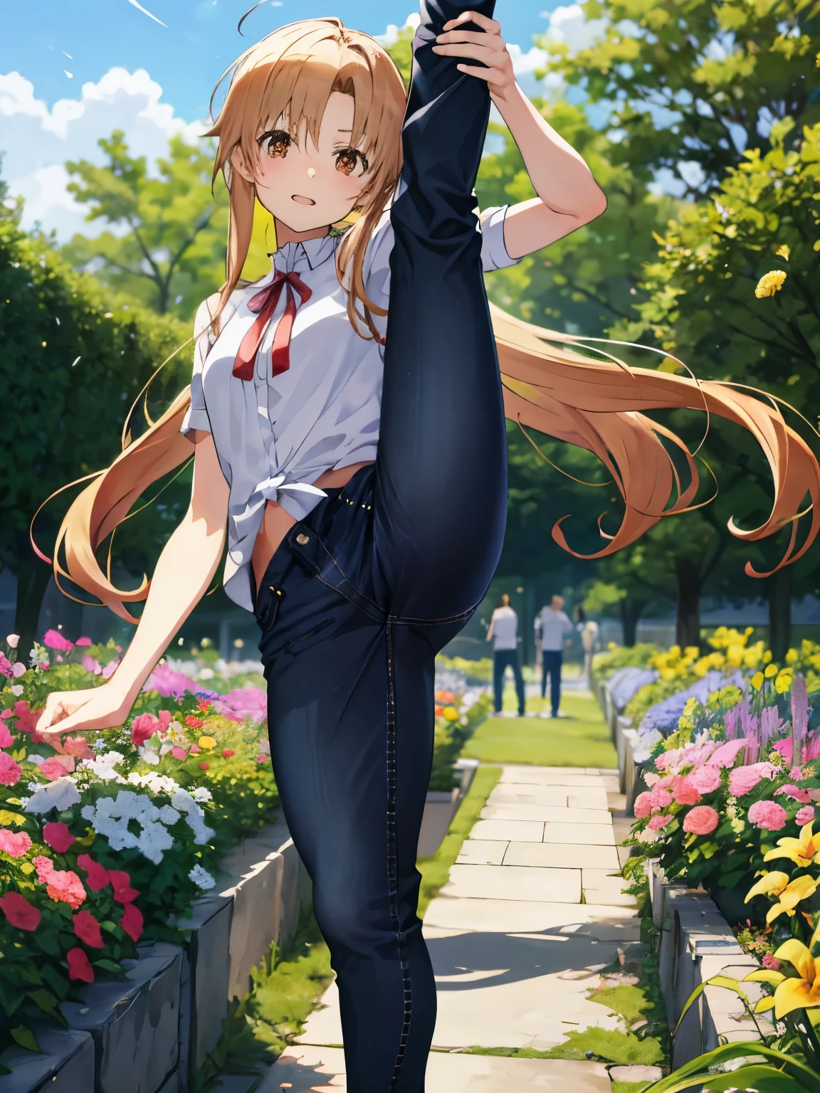 Yuuki Asuna、embarrassing, standing split, raise your feet,Kick up the leg,high kick, pants、jeans,garden、perfect artwork, pure face, detailed background, accurate hands, five fingers),