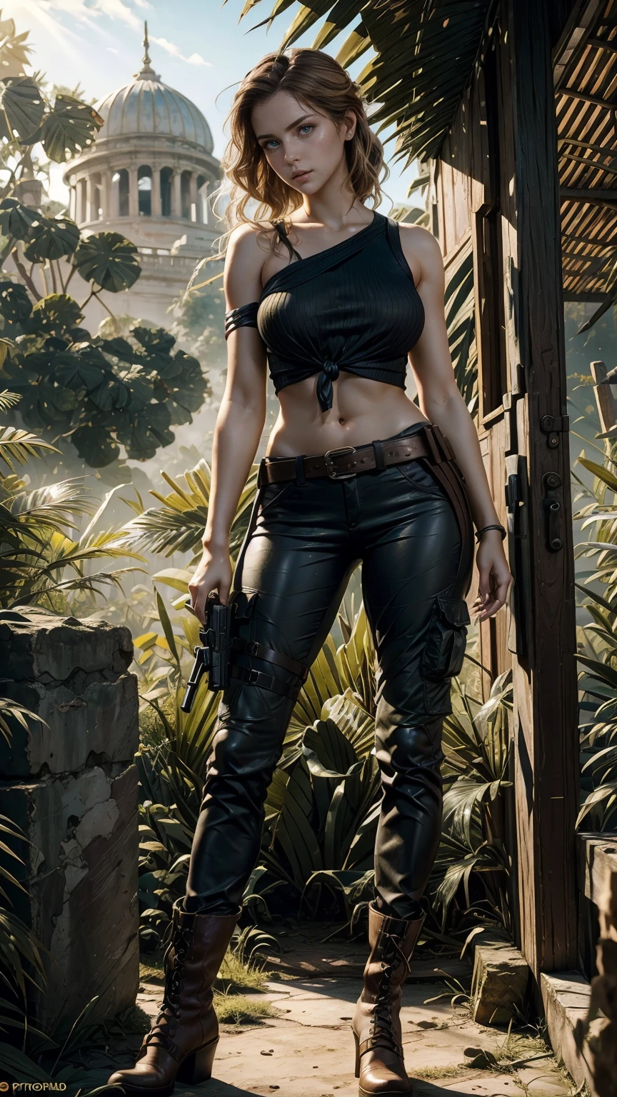 A 23-year-old white woman with unparalleled beauty.、blue eyes、dark blonde、hair is wavy、bob hair、The ends of the hair are curled upwards、I tie my hair at the back of my head、Slender yet well-proportioned body、sunlight is shining from above、photorealistic images、8K quality、I don&#39;t want my head to disappear from the screen.、tomb raider lara croft、I&#39;m wearing a strappy shoulder top、I&#39;m wearing cargo pants、I&#39;m wearing medium boots、I&#39;m wearing a gun belt around my waist、2 pistols、I&#39;m in an ancient ruin in the jungle.