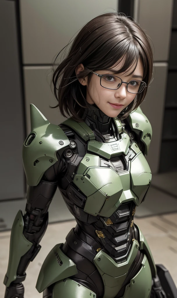 rough skin, Super detailed, advanced details, high quality, 最high quality, High resolution, 1080P, hard disk, beautiful,(War Machine),beautifulサイボーグの女性,Dark Green Mecha Cyborg Girl,In combat,Mecha body girl,、elementary school girl　　very short hair、sweaty brown eyes、sweaty face、An embarrassed smile on the face　　cute　black hair　((Steam comes out of my head)) Glasses　Gloss Armor　sew up hair　long hair